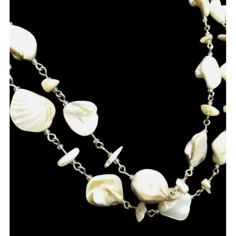 Women's Seashell Necklace Gold Lip Mother of Pearl on Silver Tone Link Chain